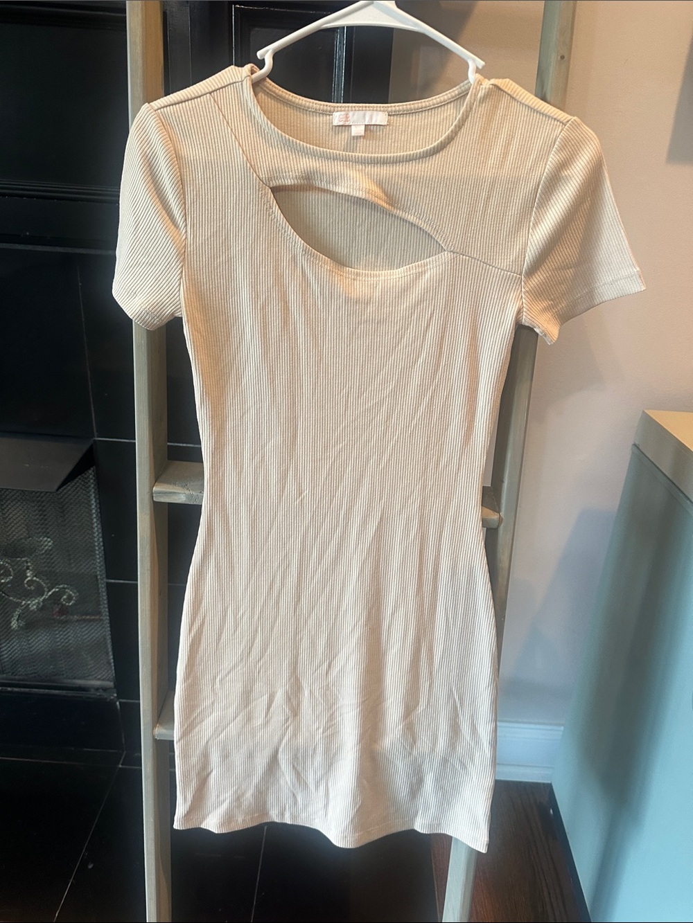 GB girls Cream Ribbed Cutout Short Sleeve Bodycon Dress